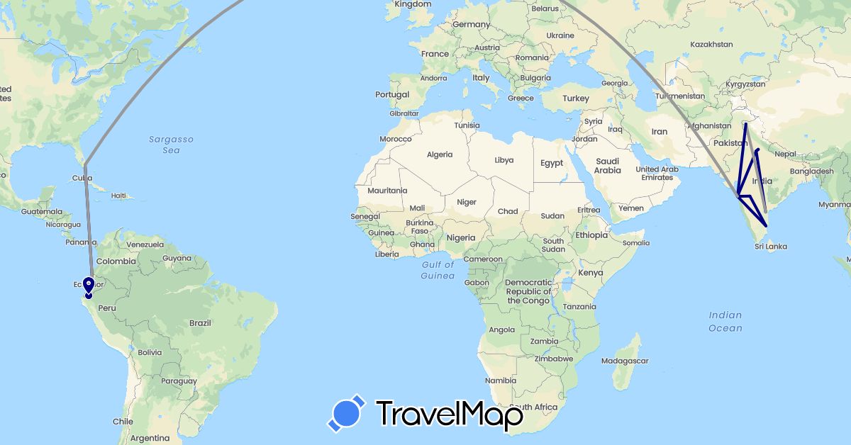 TravelMap itinerary: driving, plane in Ecuador, India, United States (Asia, North America, South America)
